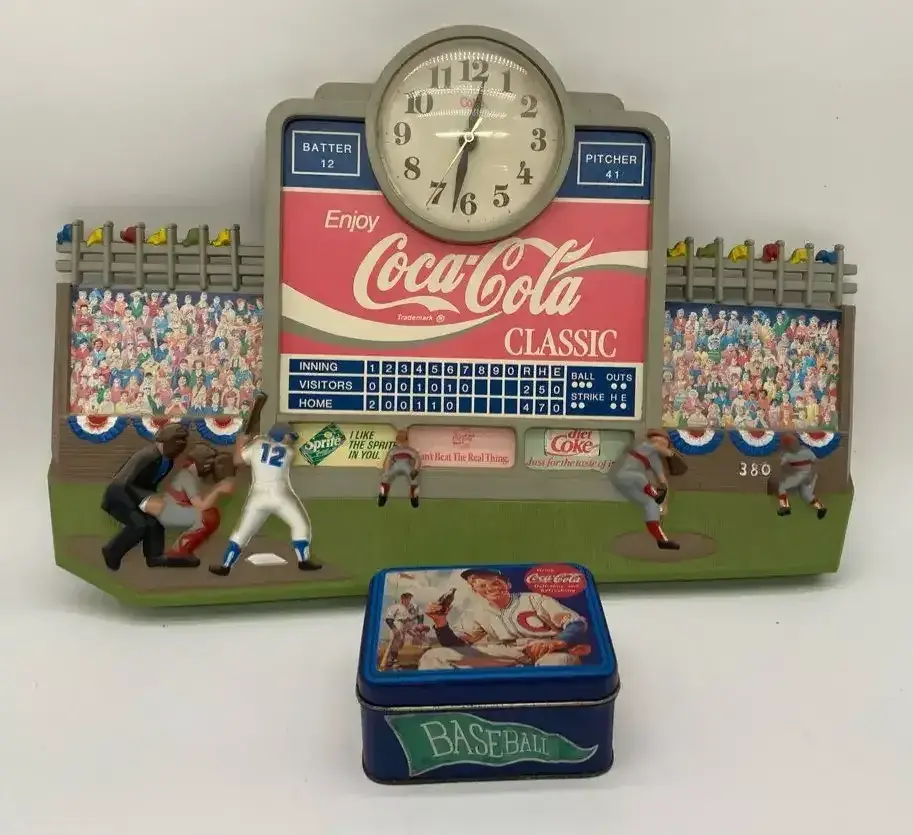 Baseball Themed Coca-Cola Clock & Tin
