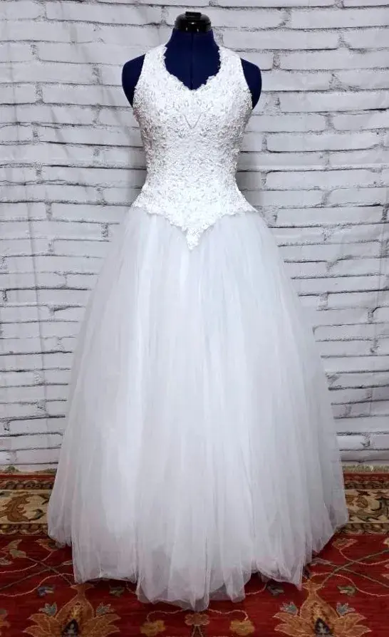 Oleg Cassini White Beaded Halter Wedding Gowl
