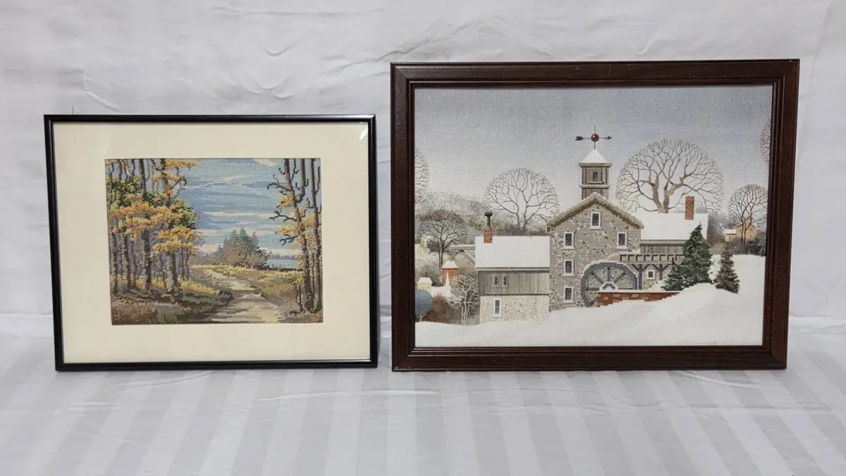 (2) New England Scene Needlepoint Pieces 