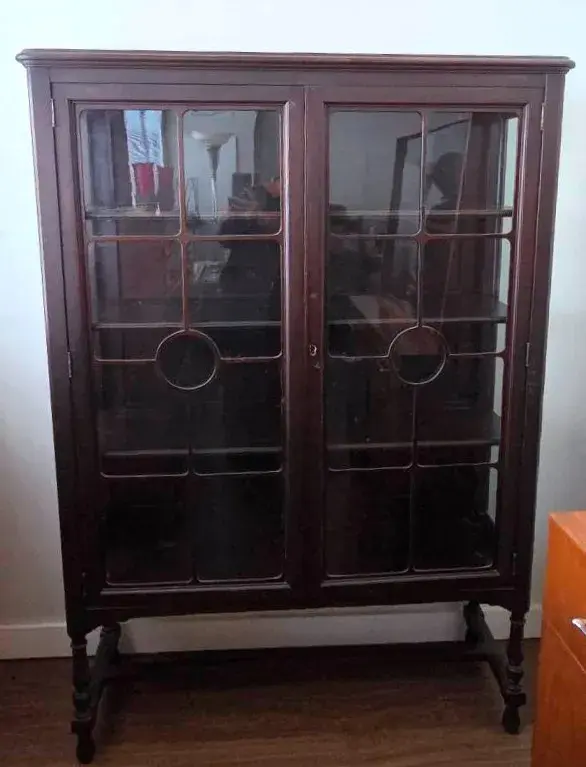 Antique Dark Wood Glass Front Cabinet 