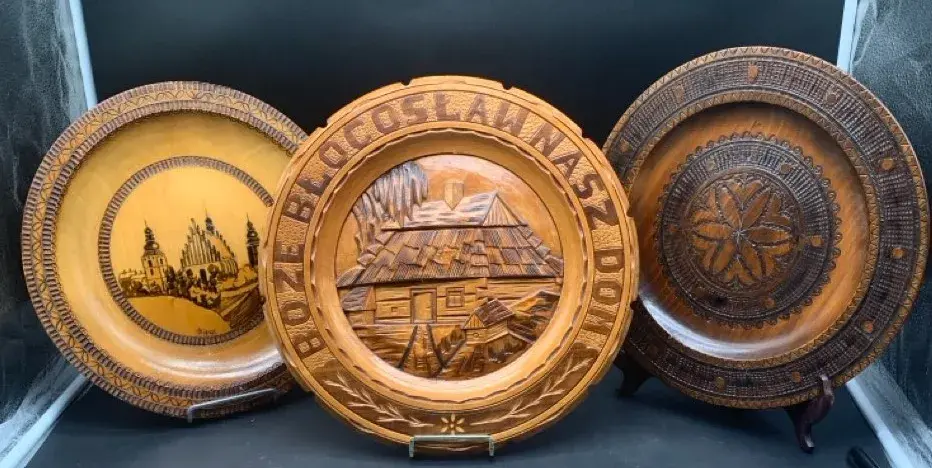 (3) Vintage Polish Folk Art Carved Wood Plates