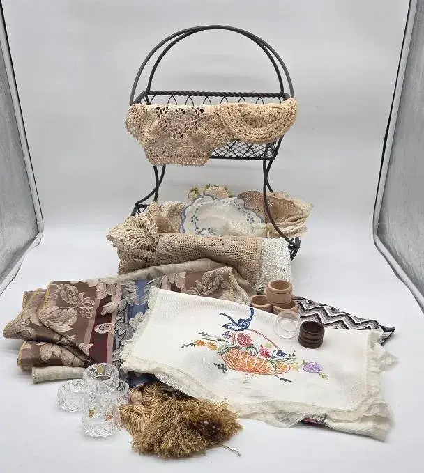 Vintage Linens & Wire Basket 