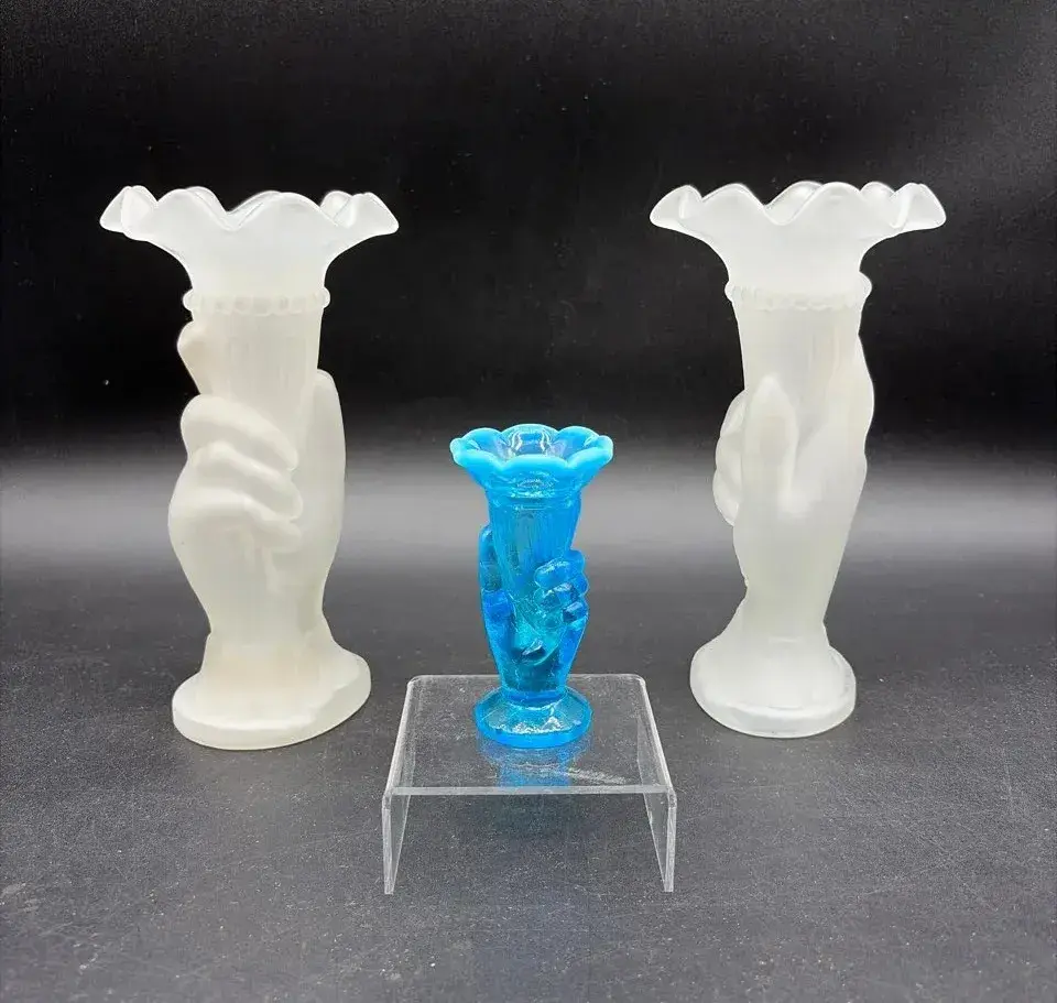 (3) Clasped Hand Vases- Frosted & Uranium 