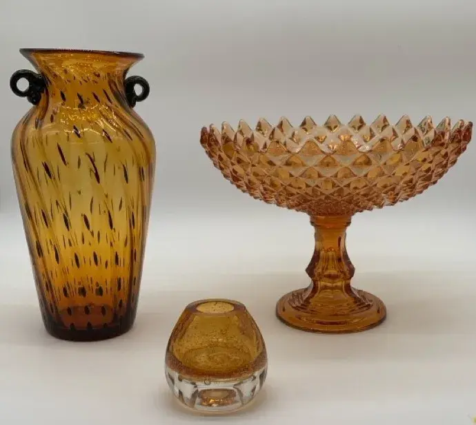 (3) Vintage Amber Art Glass Items 
