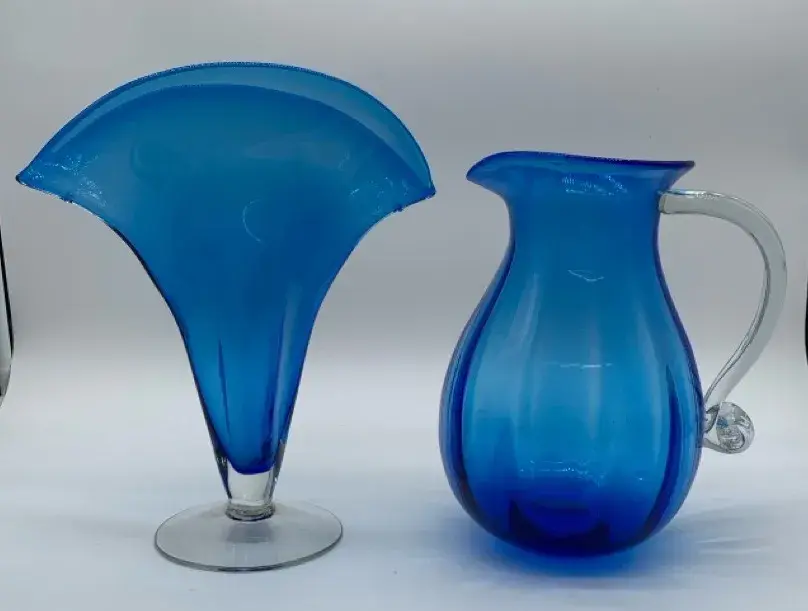 Blue Art Glass Vase and Pitcher 