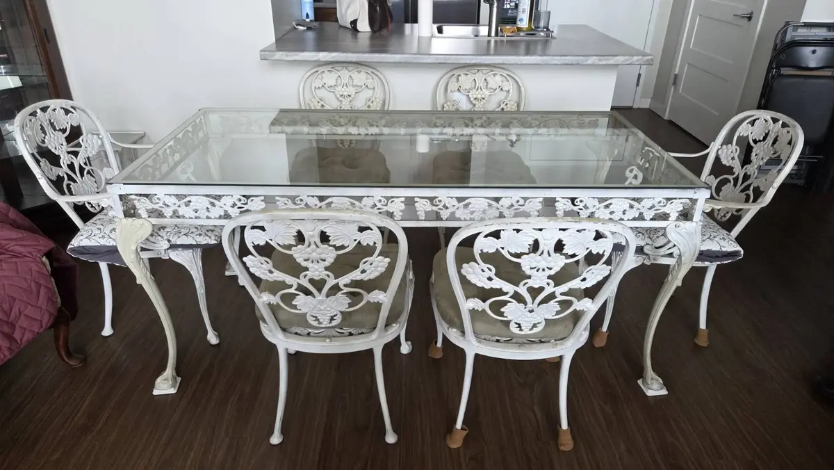 Mid Century Cast Iron Glass Top Dining Table and (6) Chairs 