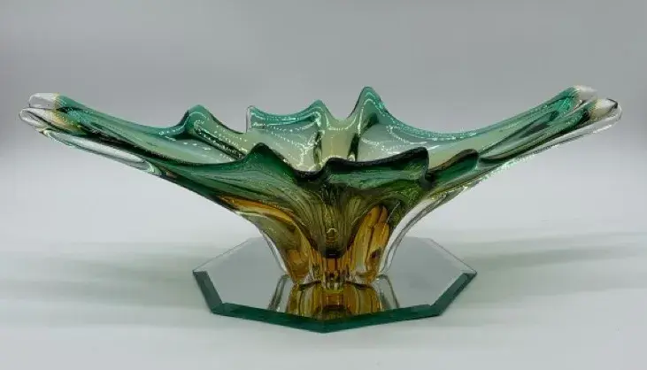 Murano Style Green and Amber Glass Centerpiece Bowl 