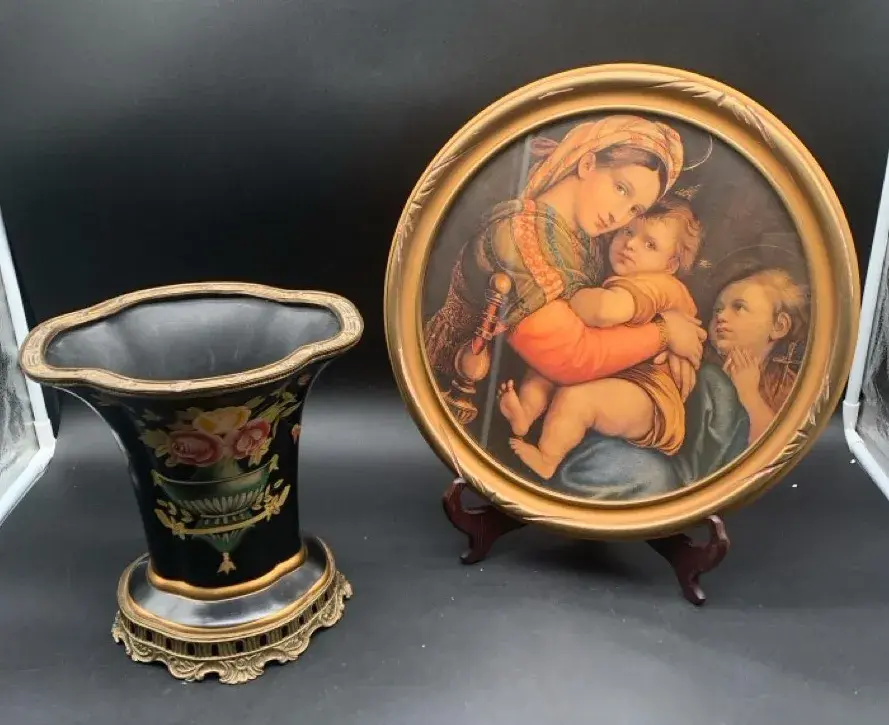 Vintage Decorative Urn Vase and Madonna Print