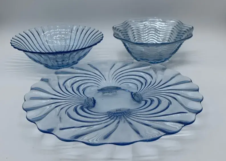Blue Art Glass Bowls and Plate