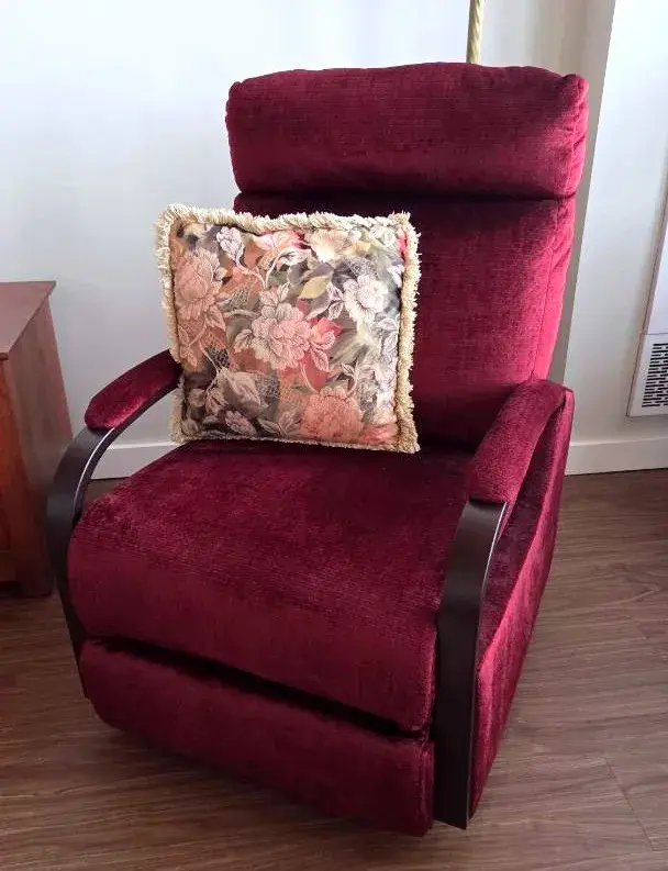 Velvety Fabric Recliner with Exposed Wood Arms