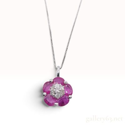 18KWG 0.98ct Ruby and 0.10ctw Natural Diamond Flower Pendant Necklace