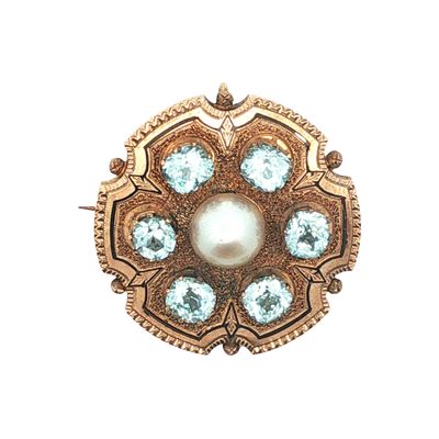 14K Gold Victorian Blue Zircon and Pearl Brooch