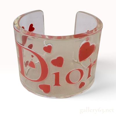 Vintage Christian Dior Heart Clear and Red Acrylic Cuff Bracelet