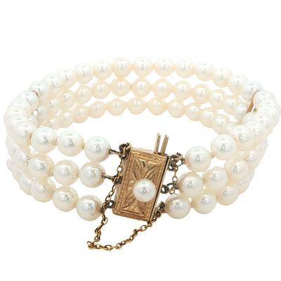 Mikimoto Three Strand 14K Gold Pearl Bracelet