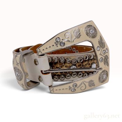Vintage Western Studded White Leather Belt with Enameled Buckle