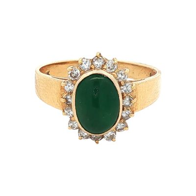 18K Gold Oval Jade and Diamond Ring