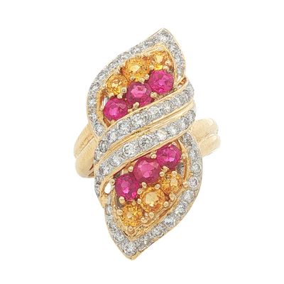 18K Gold Pink and Yellow Sapphire and Diamond Cocktail Ring