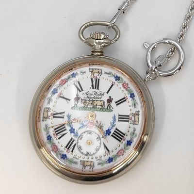 Aero Watch Neuchatel Bimetal Farmer Motif Pocket Watch with Box