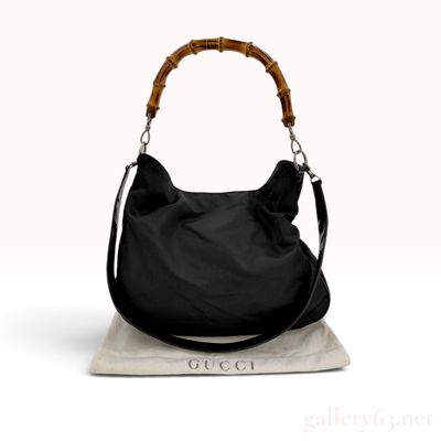 Gucci Bamboo Handle Black Nylon and Leather Hobo Bag with Dust Bag