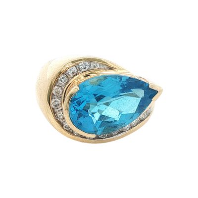 14K Gold Blue Topaz and Diamond Ring