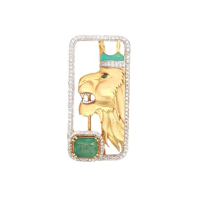 14K Gold Lion Brooch with 1.5ct Emerald and Diamonds