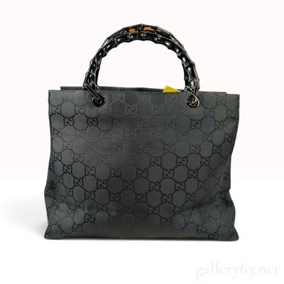 Vintage Gucci GG Monogram Black Nylon and Bamboo Top Handle Tote