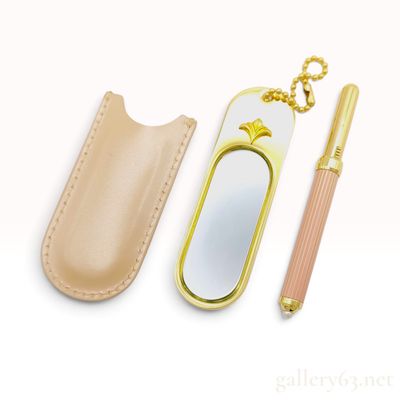 Mikimoto International Gold Tone and Pink Lacquer Mirror and Pen Set
