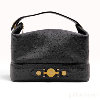Vintage Gianni Versace Sunburst Black Ostrich-Embossed Leather Vanity Bag