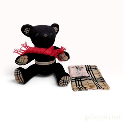 Burberry Black Felt Jointed Thomas Bear and Bear Motif Silk Scarf