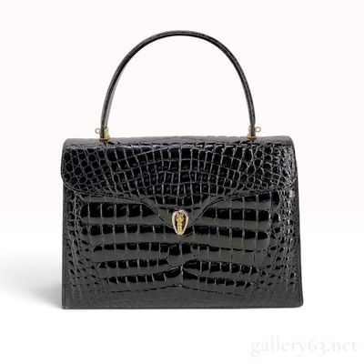 Vintage Black Crocodile Skin Top Handle Frame Bag