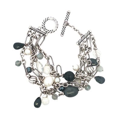 David Yurman Sterling Silver Multi Strand Pearl and Quartz Bracelet