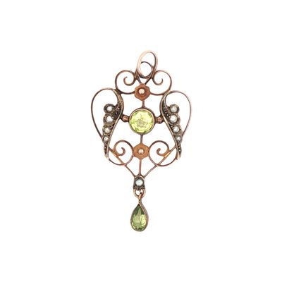 Antique Edwardian Peridot and Seed Pearl 9K Rose Gold Pendant