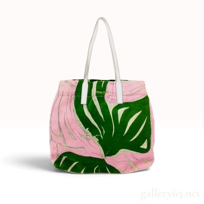 Miu Miu Pink and Green Botanical Velvet Tote Bag