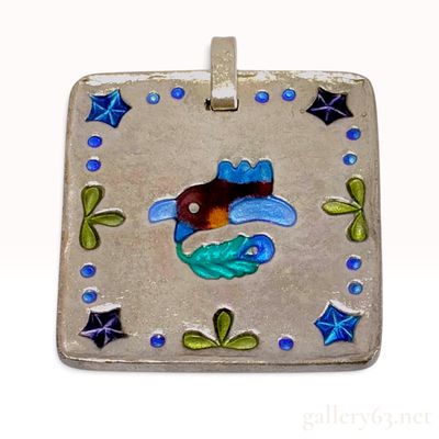 Pure Silver and Cloisonne Enamel Abstract Bird Motif Square Pendant