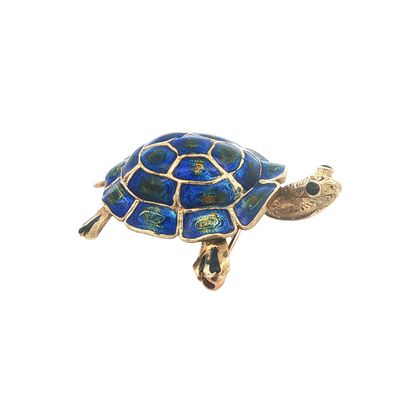 14K Gold Blue and Green Enamel Turtle Brooch