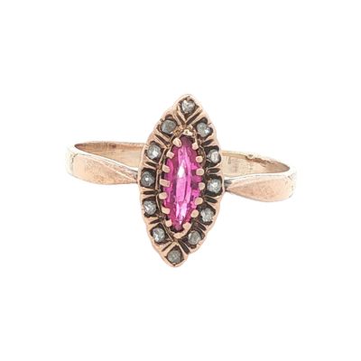 Antique 14K Rose Gold Marquise Ruby and Diamond Ring