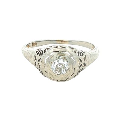 14K White Gold Antique Filigree Diamond Ring