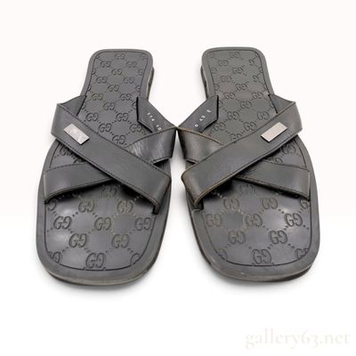 Gucci Black Leather GG Monogram Cross-Strap Slide Sandals Size 42