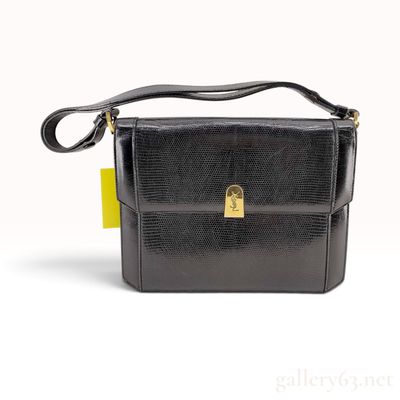 Vintage Yves Saint Laurent Black Lizard Embossed Leather Accordion Flap Bag