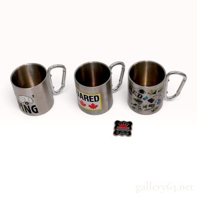 Dsquared2 Stainless Steel Camping Mugs and Enameled Pin Trio