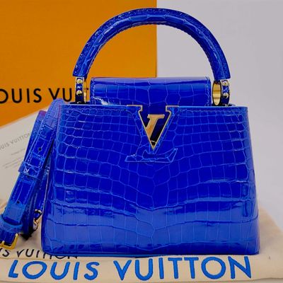 Louis Vuitton Capucines Mini Handbag in Electric Blue Shiny Crocodilian Leather with Box