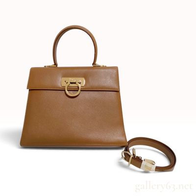 Vintage Salvatore Ferragamo Gancini Tan Saffiano Leather Top Handle Bag