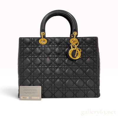 Christian Dior Black Cannage Quilted Lambskin Large Lady Dior Bag with Card
