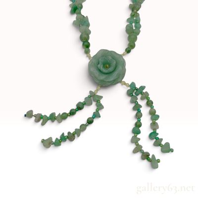 Carved Green Stone Rose Lariat Necklace with Glass Accents