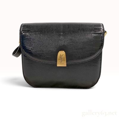 Vintage Yves Saint Laurent Black Lizard-Embossed Leather Crossbody Bag