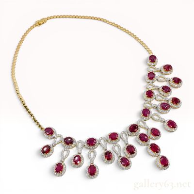 18KYG 56.76ctw Ruby & 10.00ctw Diamond Bib Fringe Necklace