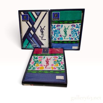 Three Yves Saint Laurent Floral and Geometric Cotton Bath Towels with Boxes