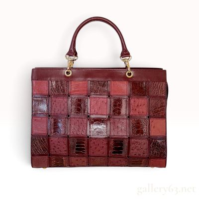 Burgundy Multi-Texture Exotic Leather Patchwork Top Handle Satchel Bag