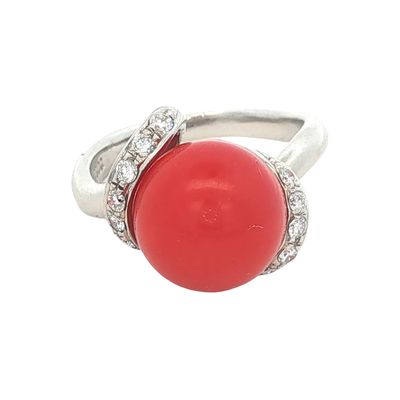 Platinum Red Coral and Diamond Ring