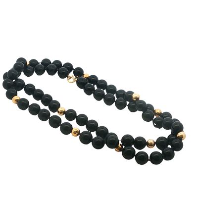 14K Gold 30 Inch Onyx Beaded Necklace with Gold Spacers